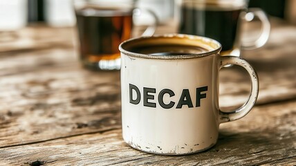 Decaf coffee. A decaf coffee mug on a rustic wooden table with additional coffee cups in the background.
