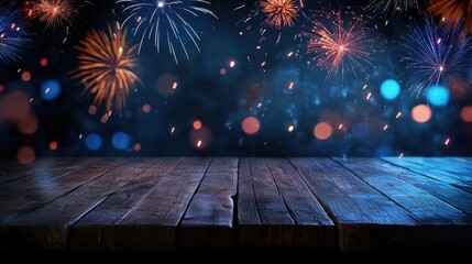 Vibrant Display of Colorful Fireworks Illuminating Night Sky with Rustic Wooden Table in Foreground Perfect for Celebrations and Festive Events