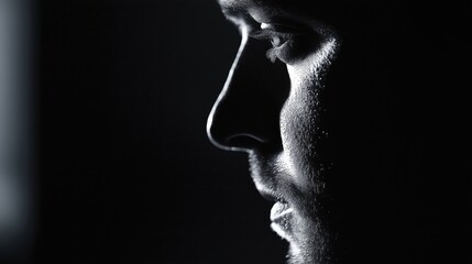 A close-up profile of a man in deep thought against a dark background.