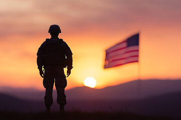 A soldier stands in silhouette against a vibrant sunset, with a waving national flag in the distance, embodying patriotism, dedication, and solemn reflection.