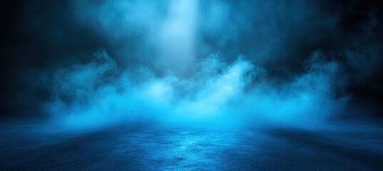Ethereal Blue Fog and Smoke Surrounding a Mysterious Ambient Scene with Soft Light and Reflections on a Dark Surface