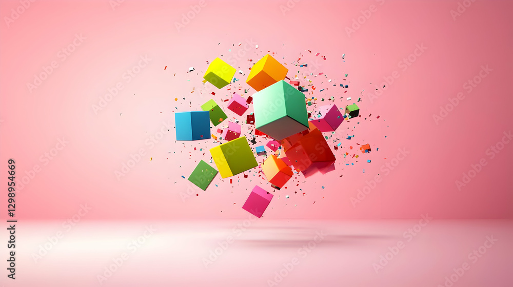 Poster floating colorful cubes arranged on pink studio background with pixelated texture and dynamic lighti