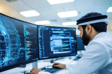 Arab IT specialist working at a large monitor, white background. 