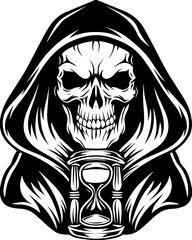Fototapeta premium SVG vector features a demonic skull and undead creatures. Grim Reaper Skull with Hourglass Unveiling Mortality Symbolism
