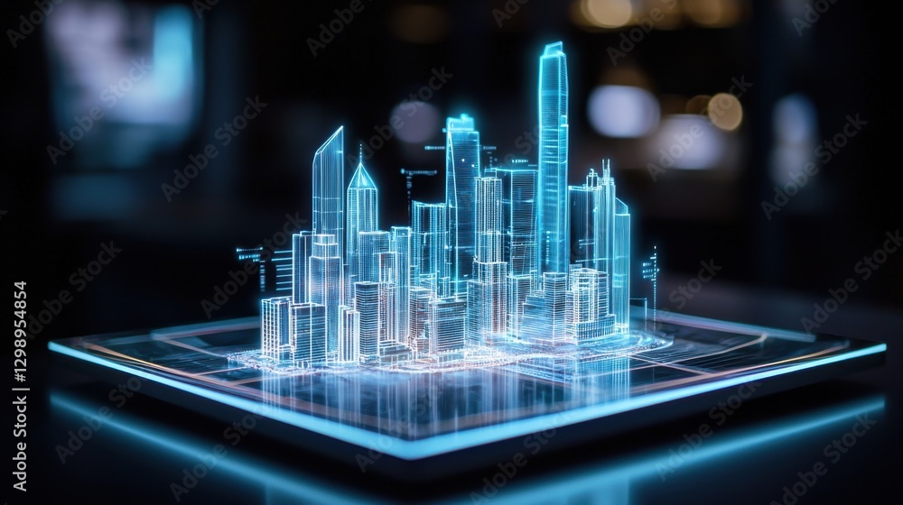 Poster futuristic cityscape with digital architectural models showcase in a high-tech environment featuring