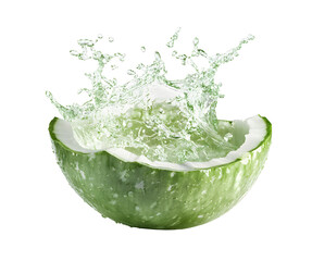 Fresh Green Coconut with Splashing Water Effect on transparent background