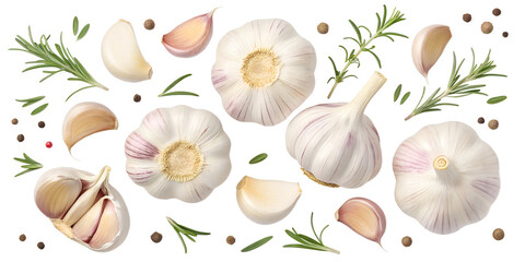 set of flying garlics isolated on white background png