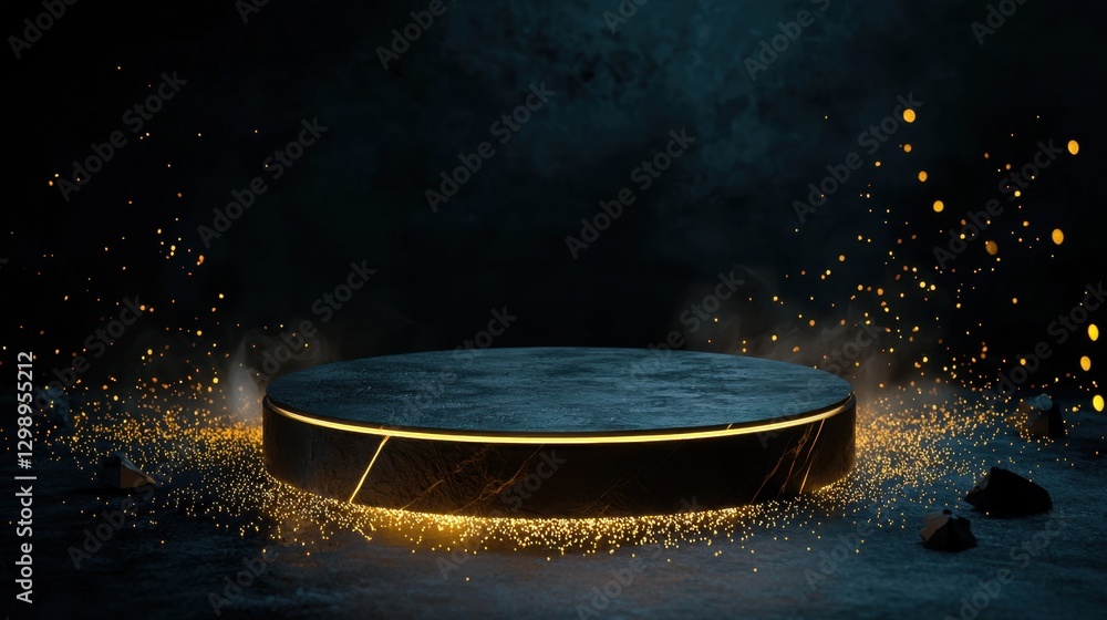 Poster dark atmospheric scene with illuminated circular platform and glowing particles in a mystical settin