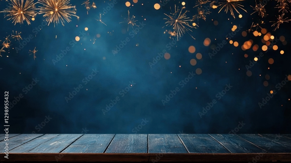 Aufkleber sparkling fireworks display with blurred bokeh lights over dark background and wooden surface for fe