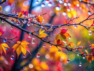 Panoramic Autumn Leaves Water Droplets - Vibrant Fall Foliage Photography