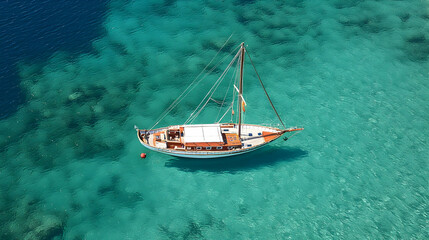 Fototapeta premium Aerial View of a Sailboat on the Turquoise Waters of the Ocean Under Bright Sunlight