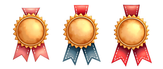 Three gleaming gold medals, adorned with vibrant red and blue ribbons, await their deserving recipients.  A symbol of achievement and triumph!, cut out,transparent background