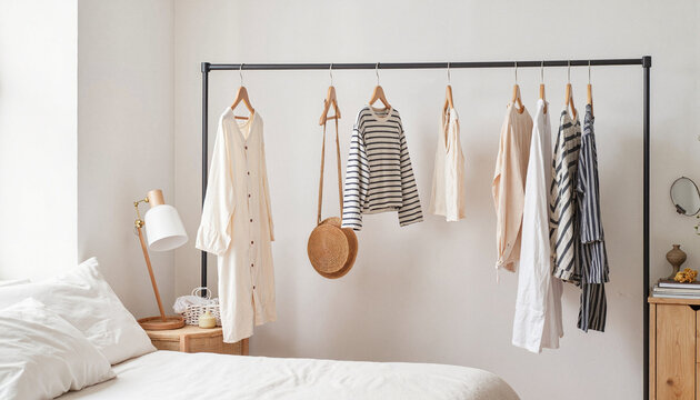 Minimalist clothing rack with neutral-toned garments in bedroom, clothing swap event, recycled, natural wool, cotton, zero waste fashion, consignment shop, vintage, flea market, biodegradable fabrics,