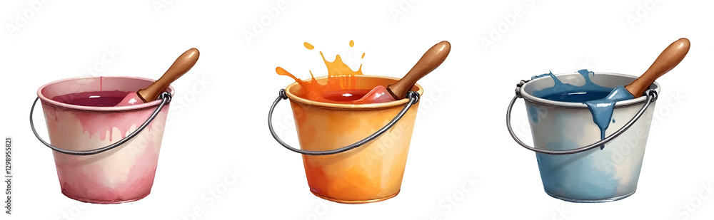 Poster vibrant paint buckets overflow with color,brushes resting gently.a splash of artistry, capturing the