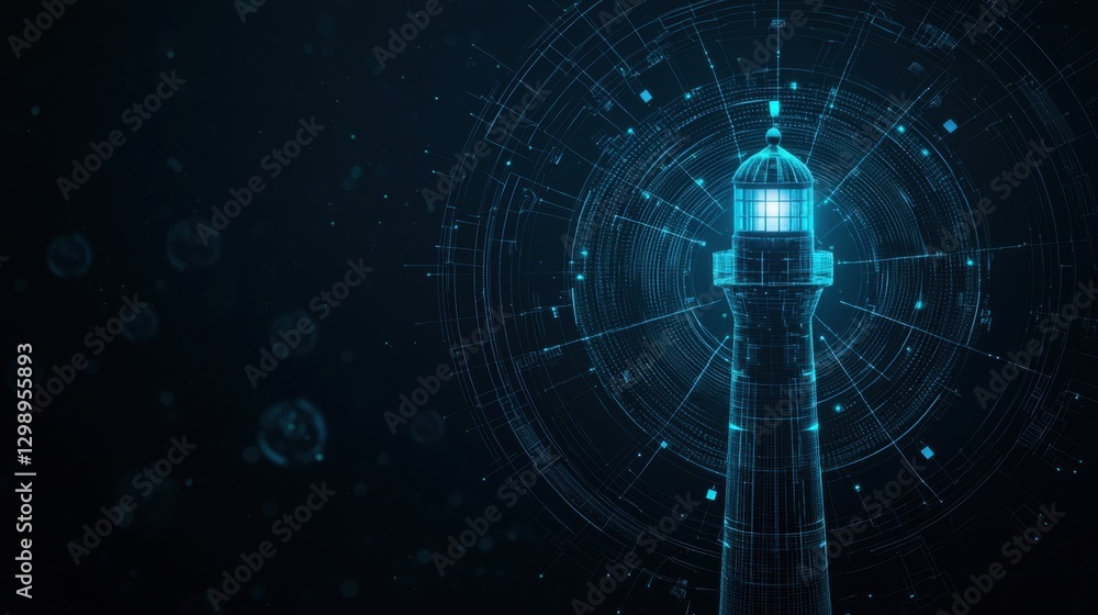 Poster digital illustration of a futuristic lighthouse surrounded by abstract data graphs and light effects