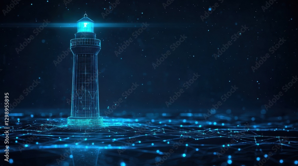 Poster a digital lighthouse illuminating the dark sea in a futuristic network of light and data representat
