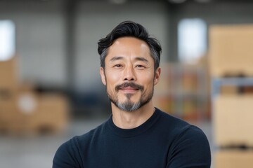 Obraz premium portrait of individual in warehouse setting with blurred background emphasizing minimalistic aesthetics