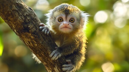 Fototapeta premium Tiny energetic Marmoset clinging to a tree branch its big expressive eyes full of curiosity fluffy fur detailed with golden highlights from the sunlight filtering through the dense rainforest canopy