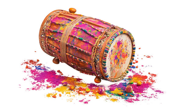 A Culturally Rich Dhol Drum with Holi-Themed Designs Depicting Music and Unity Isolated on transparent background.
