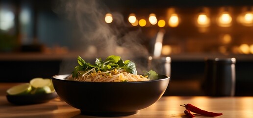 A Delicious Bowl of Steaming Noodles with Fresh Herbs and Lime on a Wooden Table