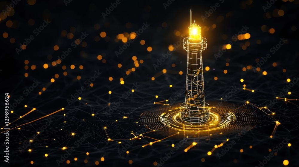 Poster illuminated lighthouse in digital wireframe style surrounded by glowing network connections and abst