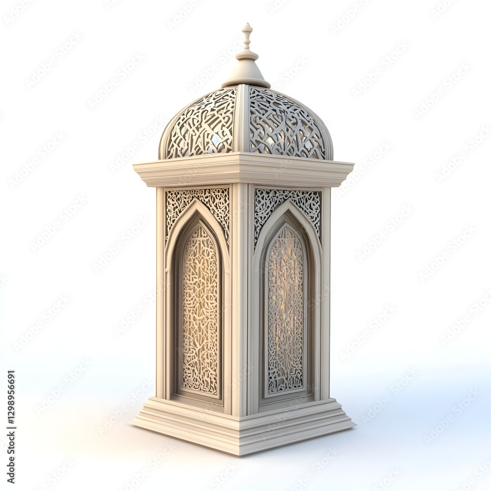 Poster ornate white lantern with intricate patterns, casting soft light in a serene, minimalistic setting