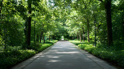 Naklejka premium A Cement Pathway Through a Lush Green Park Lined with Trees and Sunlight in the Summer