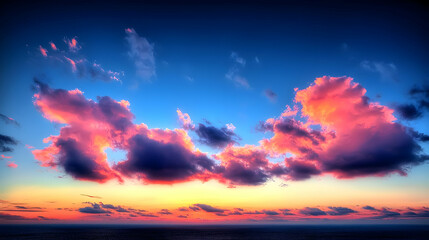 Fototapeta premium Vibrant Sunset Sky Over City Skyline with Orange Clouds and Blue Sky during Twilight