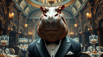 This striking image captures a dapper hippo wearing a tuxedo, set in an ornate venue filled with lavish decor, blending humor with a sense of upscale sophistication.