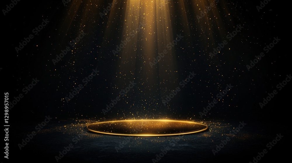 Poster magical light ray effect creating a glowing circle on a dark background with sparkles and dust parti
