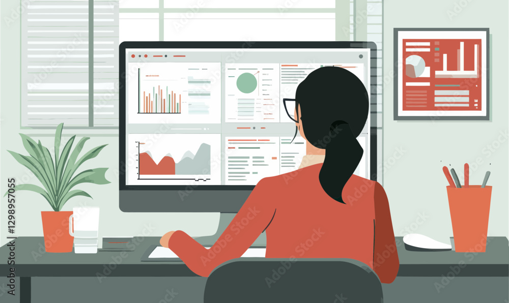 Poster female data analyst reviewing crm dashboard for business analytics in minimalist vector art