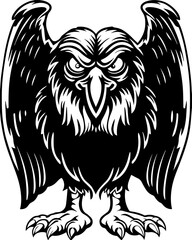 Obraz premium Japanese Oni and Yokai-inspired vector in SVG format.Bold and Fierce Black and White Illustration of a Serious Owl