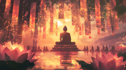 Buddha in meditation, surrounded by monks and lotus flowers
