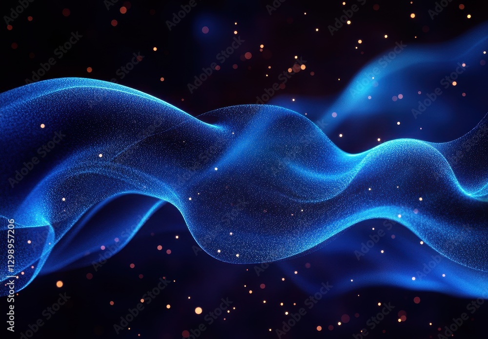 Poster ethereal blue wave with bokeh and light particles on a dark background for abstract and artistic des