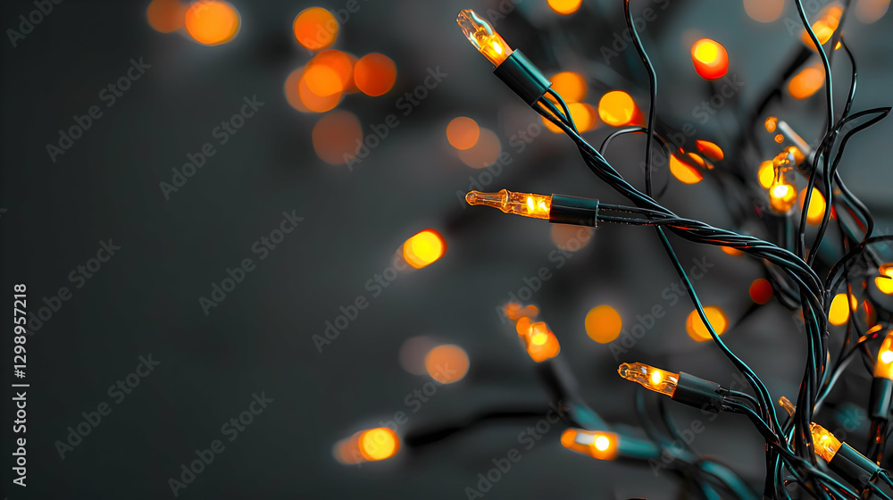 Poster close up of illuminated string lights with bokeh background in dark setting