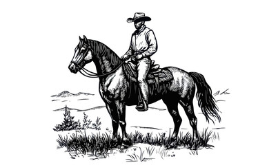 Fototapeta premium Cowboy on Horseback Ink Sketch Vector Illustration Engraving Style Minimalist Design