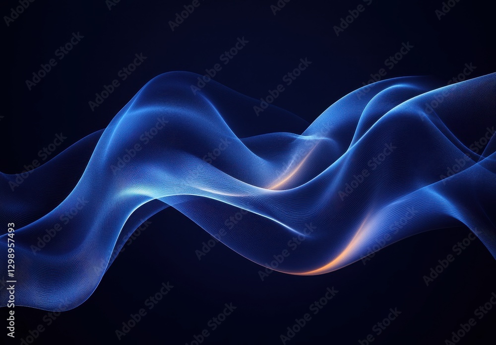 Poster ethereal blue waves flowing in soft curves against a dark background, creating a sense of movement a
