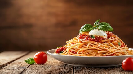 Delicious spaghetti and meatball dish with penne and cheese italian cuisine rustic kitchen close-up culinary delight
