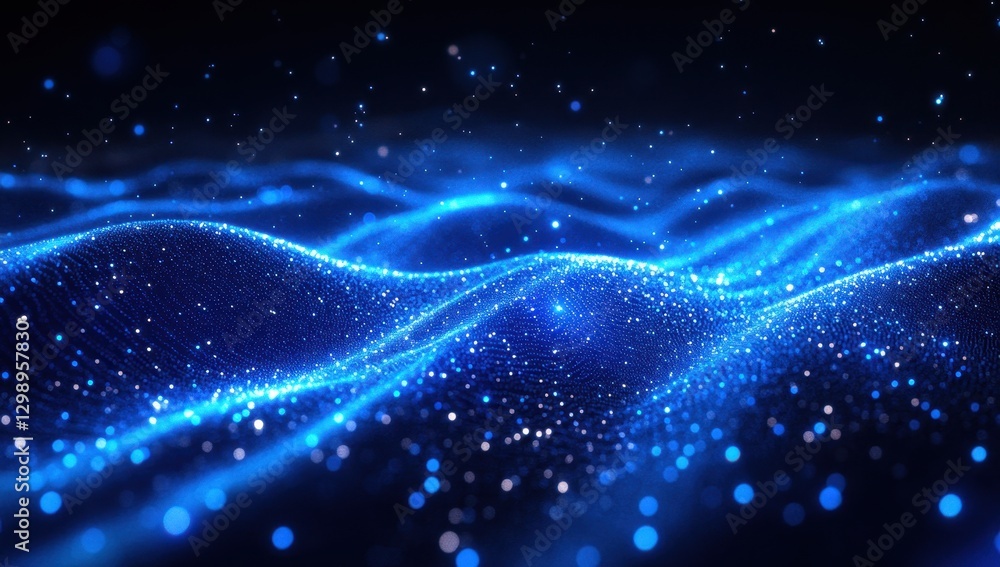 Poster ethereal blue waves of light and sparkles creating a dreamy and mystical visual experience in a dark