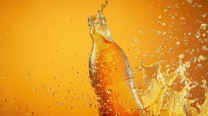 A dynamic splash of orange beverage from a bottle against a vibrant orange backdrop, ideal for marketing use
