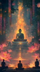 Buddha in meditation, surrounded by monks and lotus flowers
