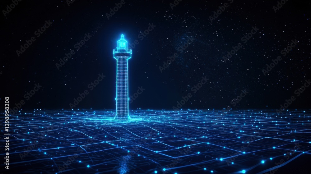Poster futuristic digital lighthouse inabstract space illuminated with blue lights, representing guidance a