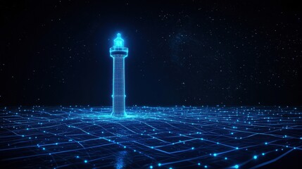 Futuristic digital lighthouse inabstract space illuminated with blue lights, representing guidance and hope in a technology-driven world
