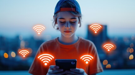 A young person in a cap uses a smartphone, surrounded by glowing Wi-Fi symbols against a twilight city backdrop.