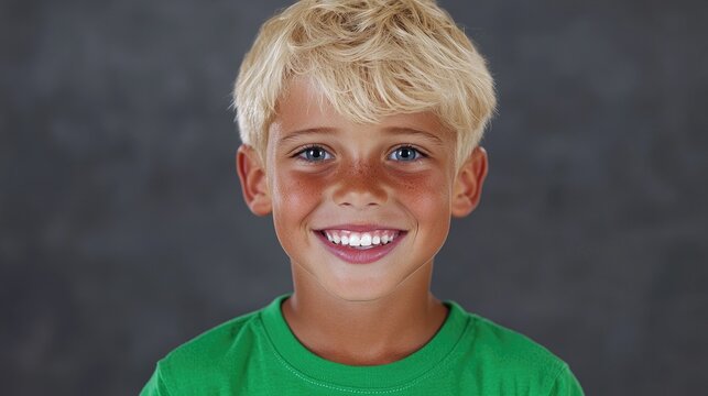 Portrait of a smiling boy against a gray background
