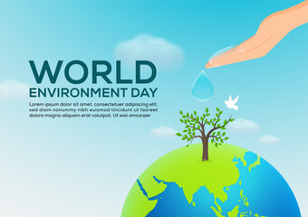 world environment day with hand giving water to tree on the earth
