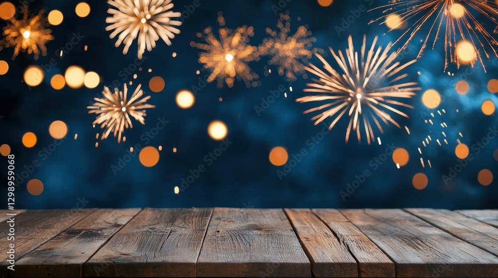 Poster festive background of colorful fireworks exploding against dark blue sky with wooden table in foregr