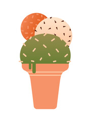 Ice cream gelato in a waffle cup with balls. Vector isolated illustration with cold dessert, ice cream. Summer element, hello summer. Flat design. Cute naive clipart in cartoon kawaii style.