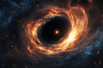black hole with an accretion disk, depicting an intense gravitational pull with surrounding cosmic dust and gases being devoured