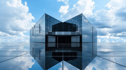 Modern architectural design featuring a sleek glass building reflecting the blue sky and clouds in a stunning urban landscape